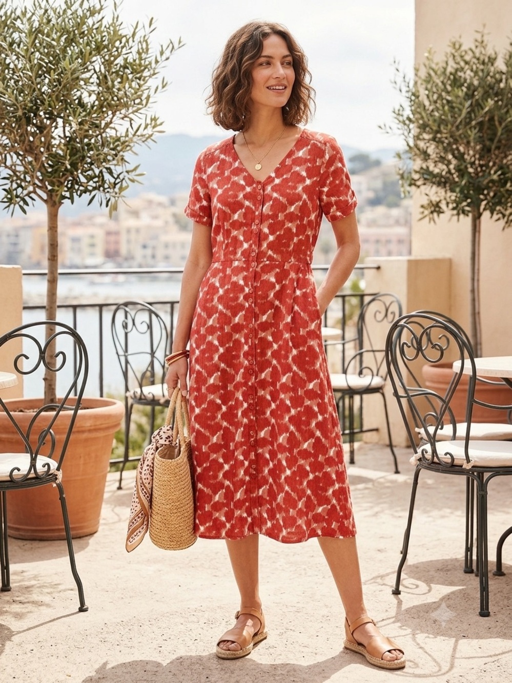 White Stuff Red Ikat Linen Front Midi Dress Pockets Boho Anthro Style SZ 8
